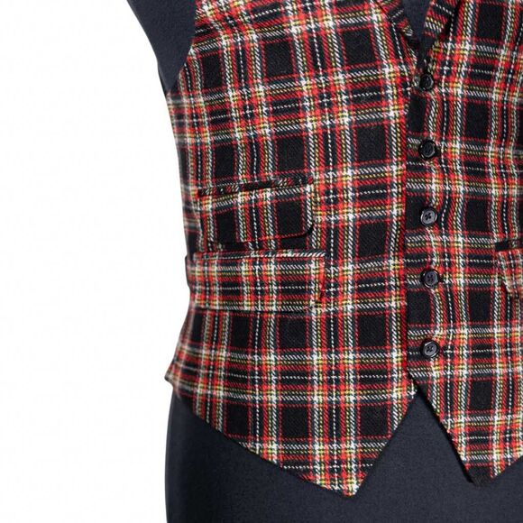 Mens Tartan Plaid Vest 40R Black Orange Wool Waistcoat Wedding Prom Formal Party - Picture 7 of 9